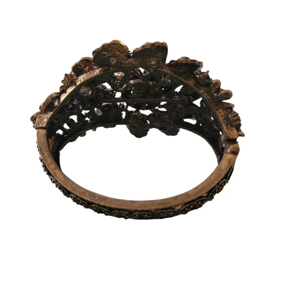 Floral Statement Cuff Bracelet - Brass & Gold Tones With Green Stones